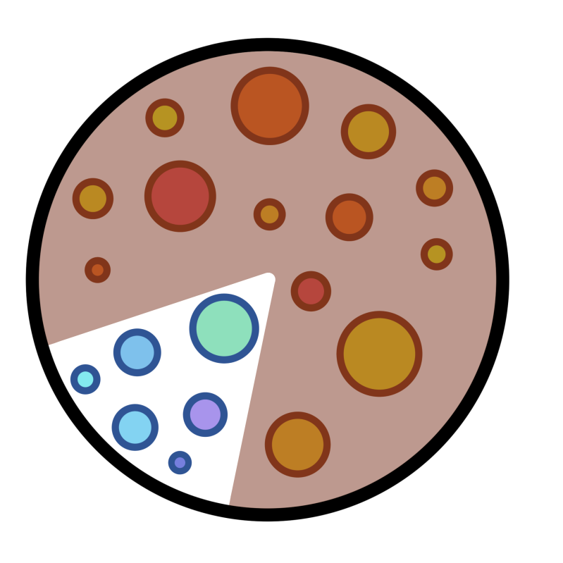 A circle is divided up into one much larger section of smaller orange circles, and one little section of smaller blue circles. it resembles a pie chart